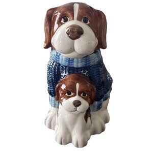 Mercuries 11”  Mother & Baby Beagle Dog Blue Winter Sweater Cookie Jar